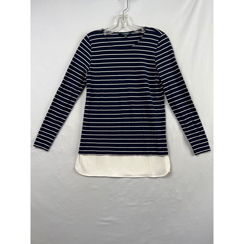 Lauren Ralph Lauren Striped Top Womens S Navy Blue Excellent Layered Hem Tunic